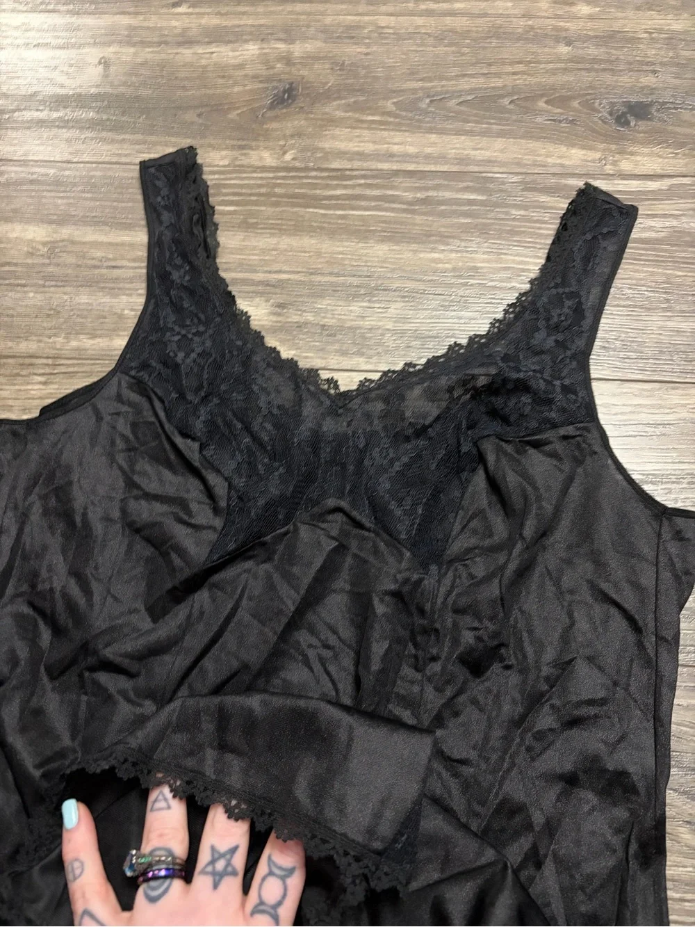 70s European Vintage Triumph Silky Lace Accent Midi Slip Dress (Black) Size M